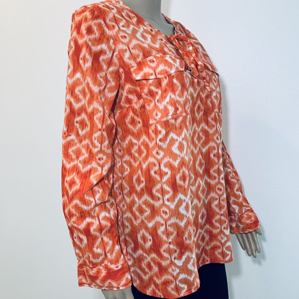 Michael Kors Women's Tunic Blouse Cotton Long Sleeves Orange Medium Size Pockets - Picture 3 of 11